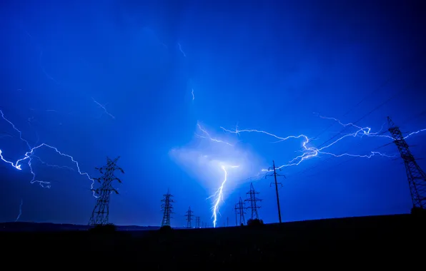 Picture the sky, nature, posts, lightning, silhouette, voltage