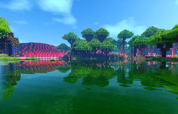 Picture forest, the sky, water, clouds, trees, lake, house, reflection, shore, lights, Minecraft