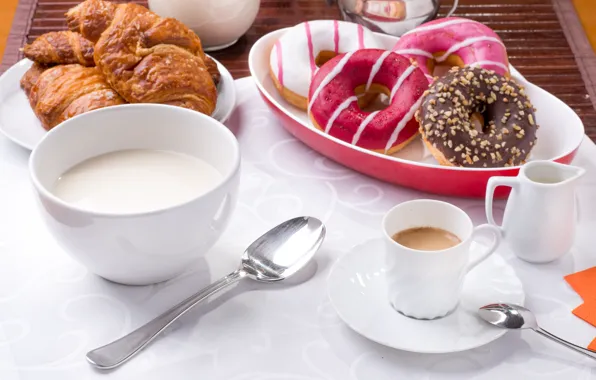 Picture Coffee, Milk, Spoon, Cup, Food, Still life, Cakes, Croissant