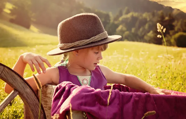 Picture summer, nature, meadow, girl, hat, cart, child