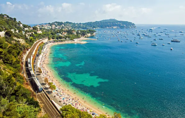Picture beach, coast, France, yachts, train, panorama, railroad, France, Cote d'azur, French Riviera, The Mediterranean sea, …