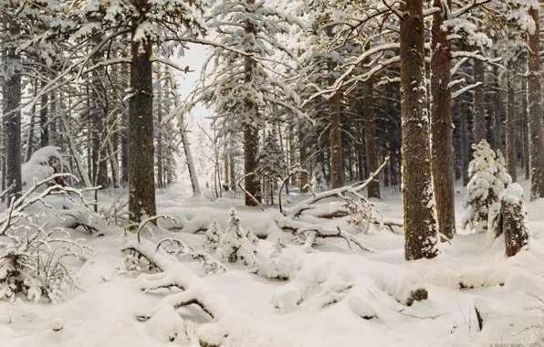 Picture winter, forest, snow, trees, nature, figure, Ivan Shishkin