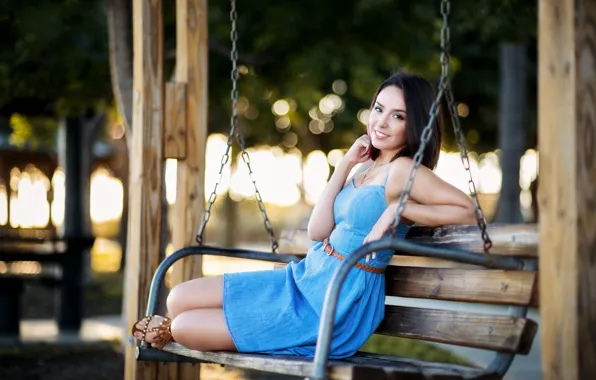 Picture girl, face, smile, swing, dress, legs, sitting