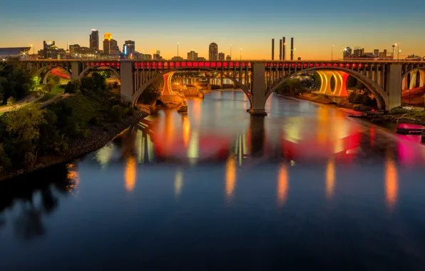 Picture sunset, bridge, lights, river, home, USA, Minnesota, Minneapolis