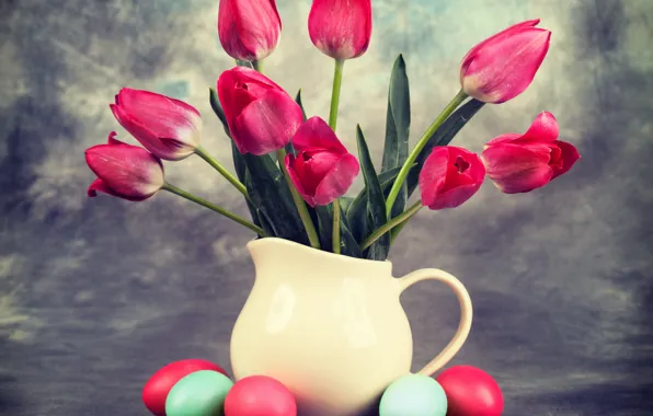 Picture eggs, Easter, tulips, tulips, Easter, eggs, vase, bouquet