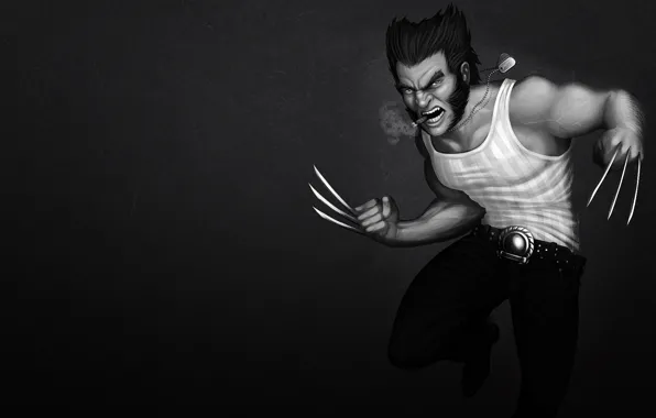 Picture cigar, evil, Wolverine, Logan, x-men, Wolverine, Marvel, black-and-white background, x-men, Comics, steel claws
