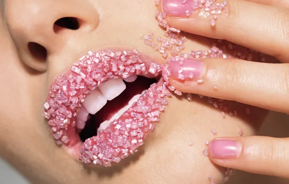 Picture pink, teeth, lips, sugar, nails, lacquer