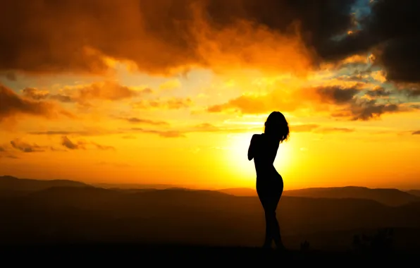 Picture girl, sunset, silhouette