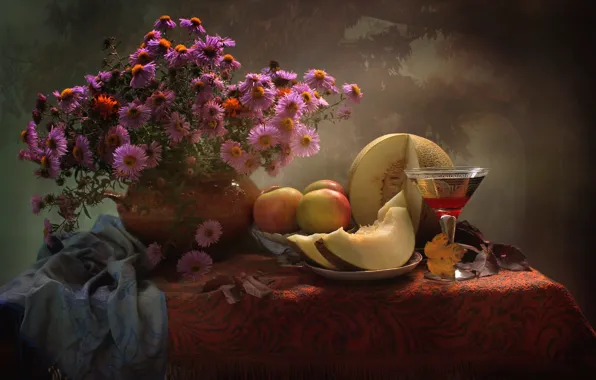 Picture wine, apples, glass, bouquet, still life, melon