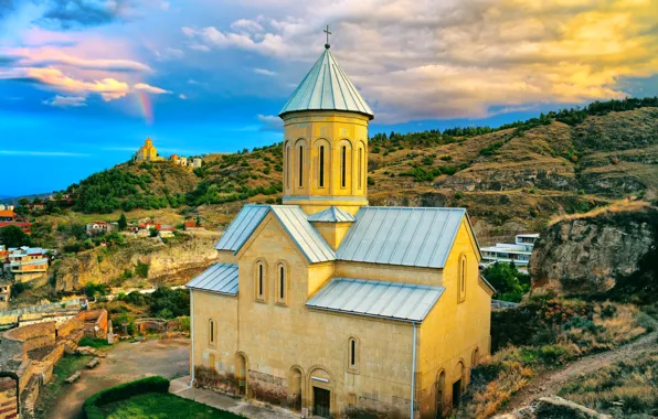 Picture the sky, clouds, mountain, home, slope, Church, Georgia, Tbilisi, Tbilisi