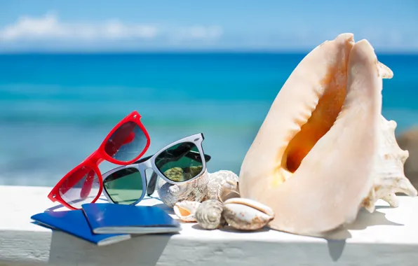 Picture summer, beach, sea, sun, blue sky, glasses, vacation, shells, accessories