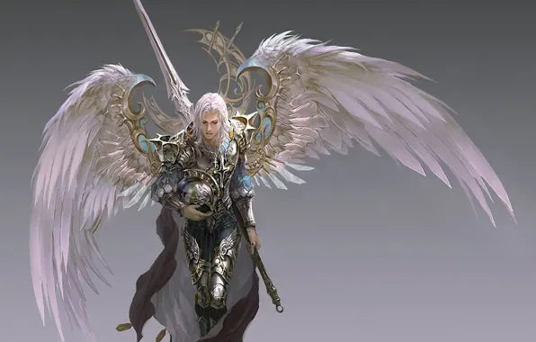 Picture wings, sword, armor, warrior, helmet, cloak, grey background, Archangel