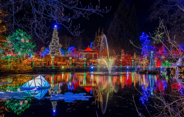 Picture night, lights, pond, Park, reflection, new year, Christmas, garland