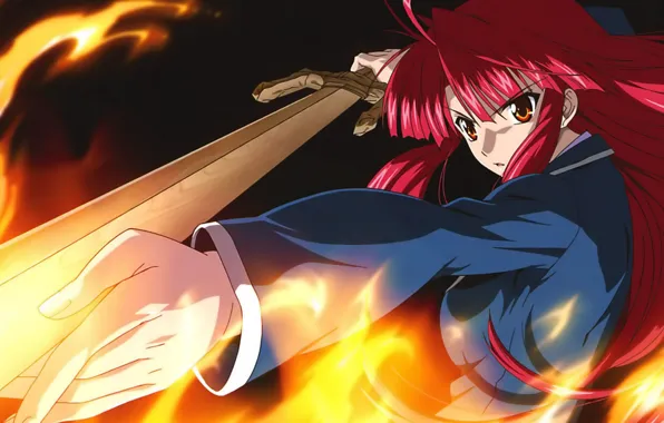 Picture girl, fire, sword, Kaze No Stigma, Ayano Kannagi, red volossy, Seal of the wind