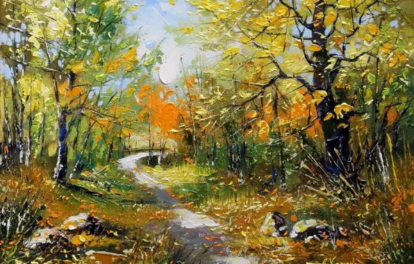 Picture road, autumn, forest, trees, landscape, stones, foliage, picture, painting, path, Khodukov