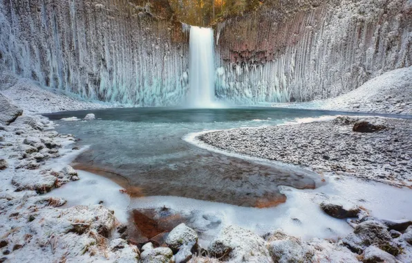 Picture ice, winter, forest, nature, waterfall, USA, Oregon, Abiqua Falls, Scotts Mills, Abiqua Creek