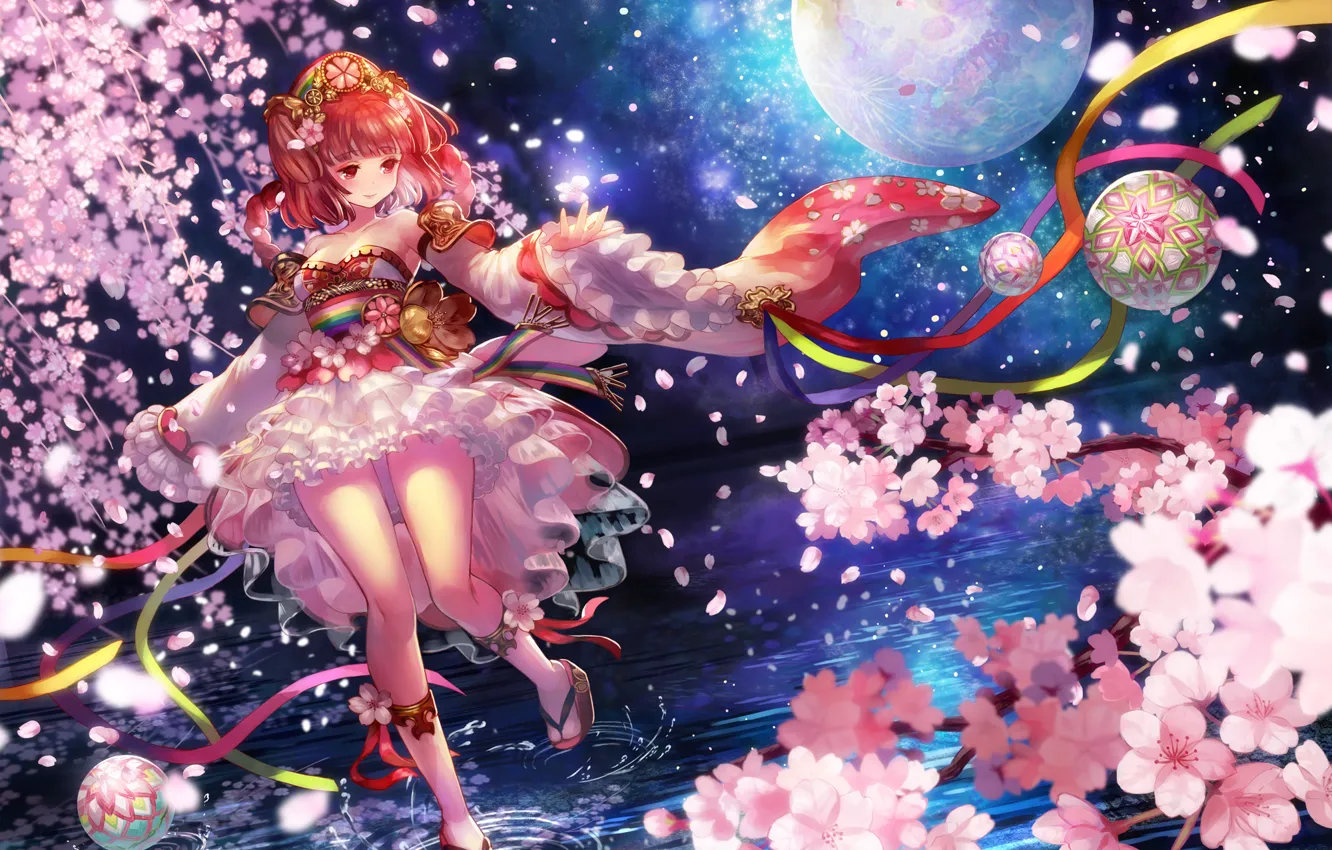 Wallpaper water, girl, night, tree, the moon, anime, petals, Sakura, art,  terai images for desktop, section прочее - download