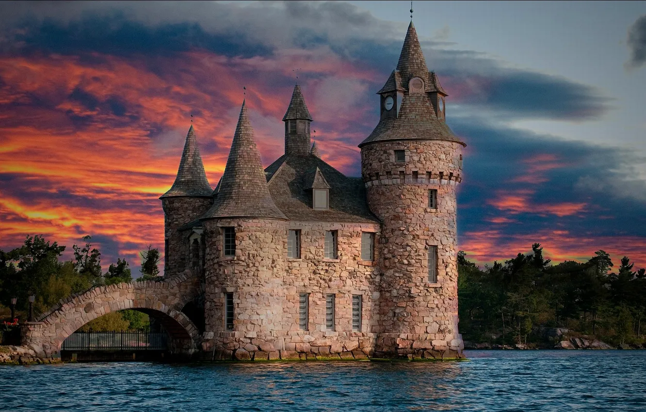 Photo wallpaper the sky, clouds, trees, sunset, lake, river, castle, tower
