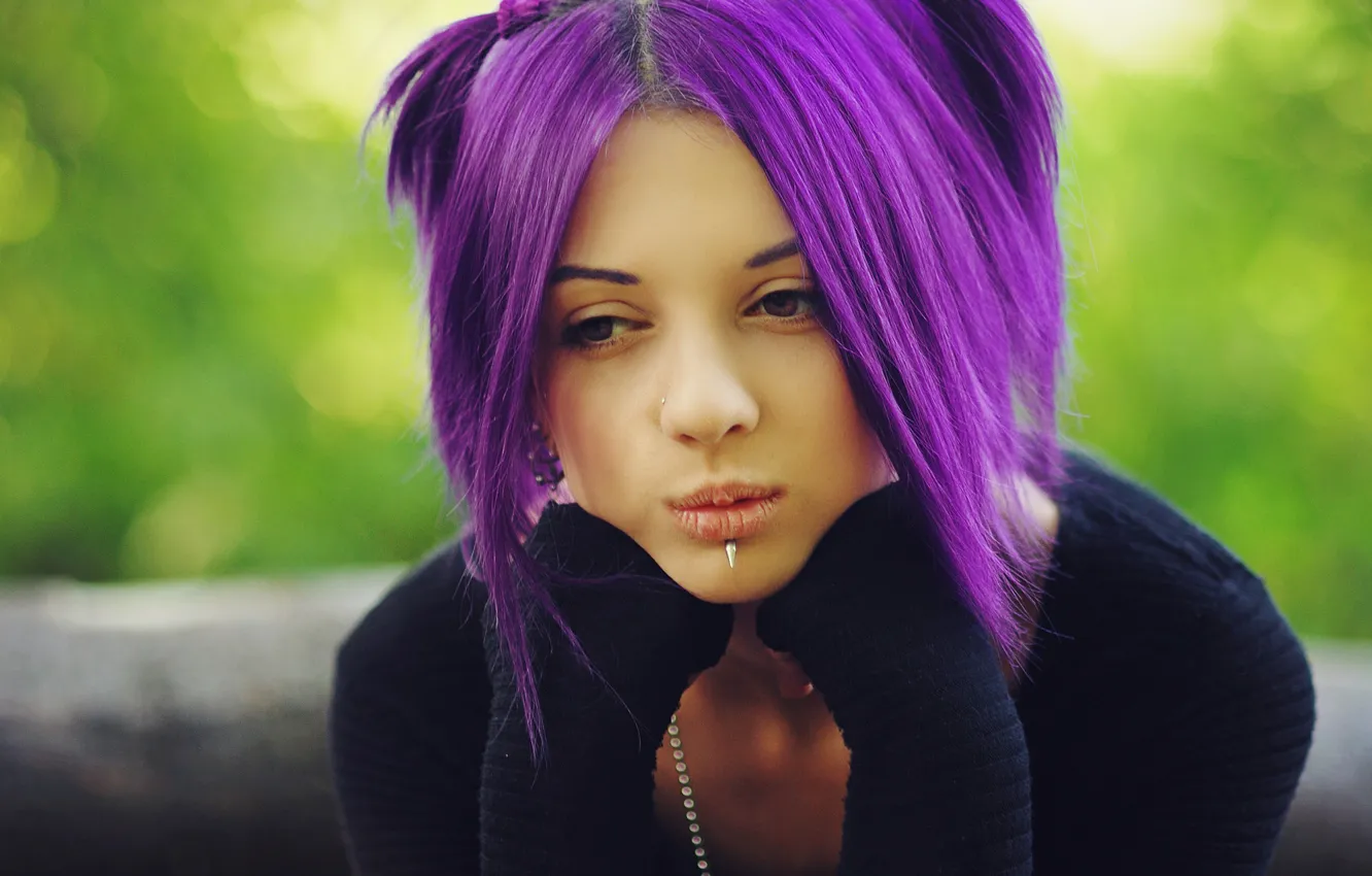 Photo wallpaper look, girl, face, hair, piercing, purple