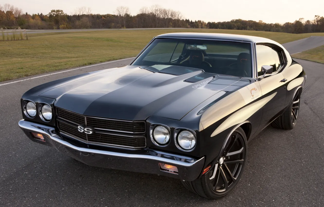 Photo wallpaper road, the sky, black, tuning, Chevrolet, Chevrolet, muscle car, classic, tuning, 1970, the front, Chevelle, …