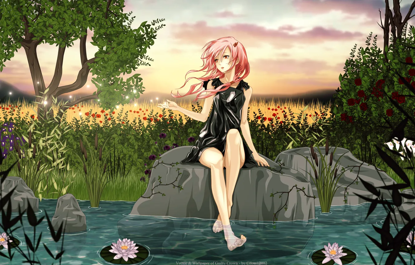 Photo wallpaper girl, trees, flowers, pond, stone, water lilies, guilty crown, inori yuzuriha