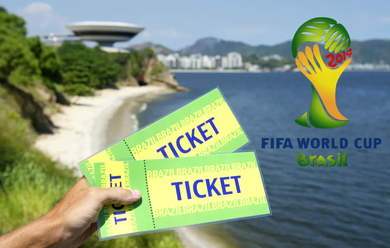 Photo wallpaper logo, football, World Cup, Brasil, FIFA, 2014, tickets