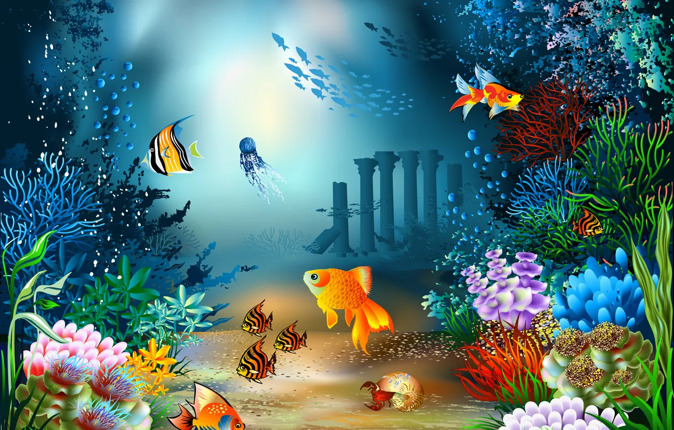 Photo wallpaper sea, fish, crab, Medusa, vector, the bottom, shell, corals, underwater world