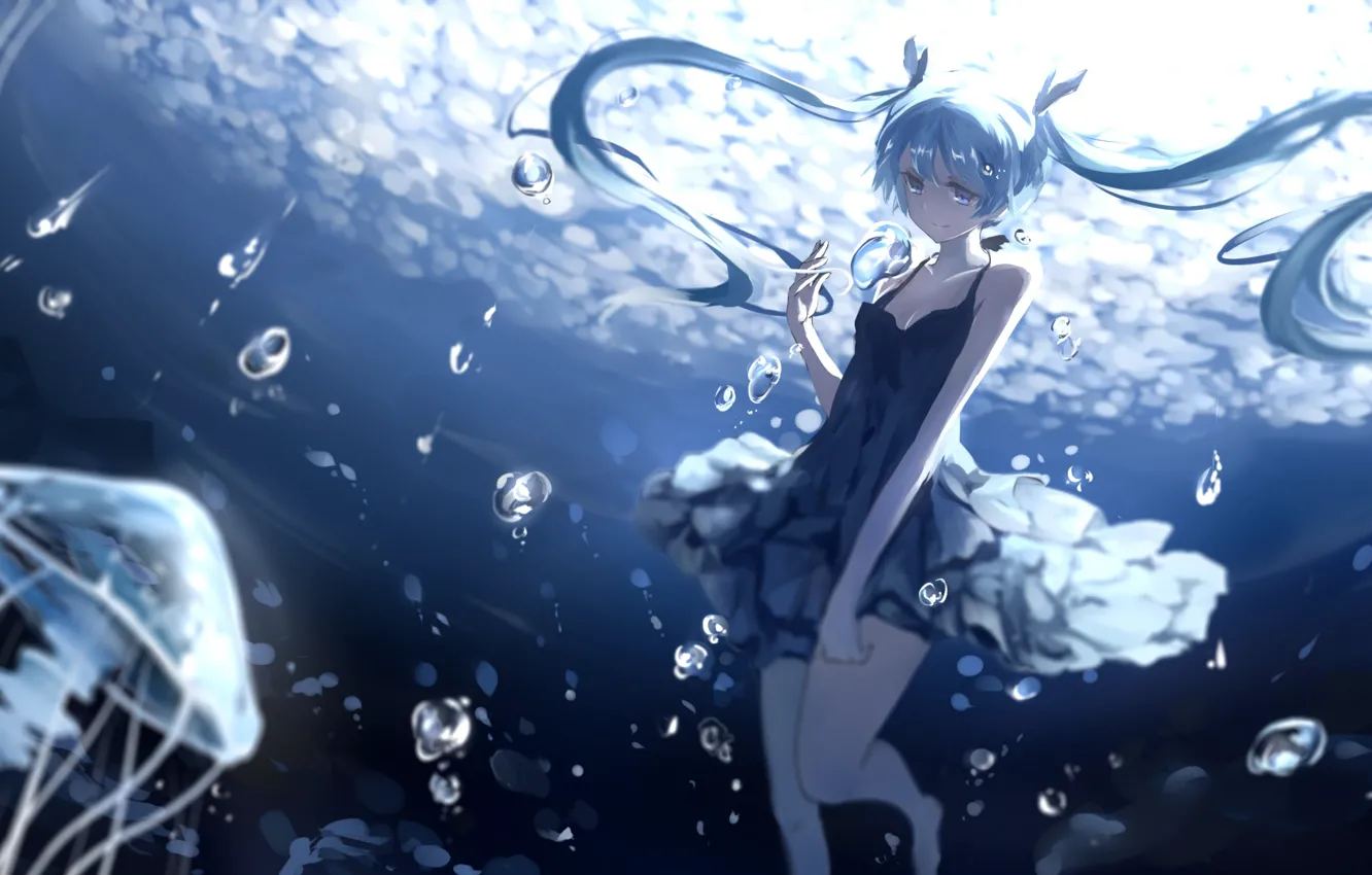 Photo wallpaper girl, smile, bubbles, anime, art, jellyfish, vocaloid, hatsune miku, under water, deep-sea girl, barli