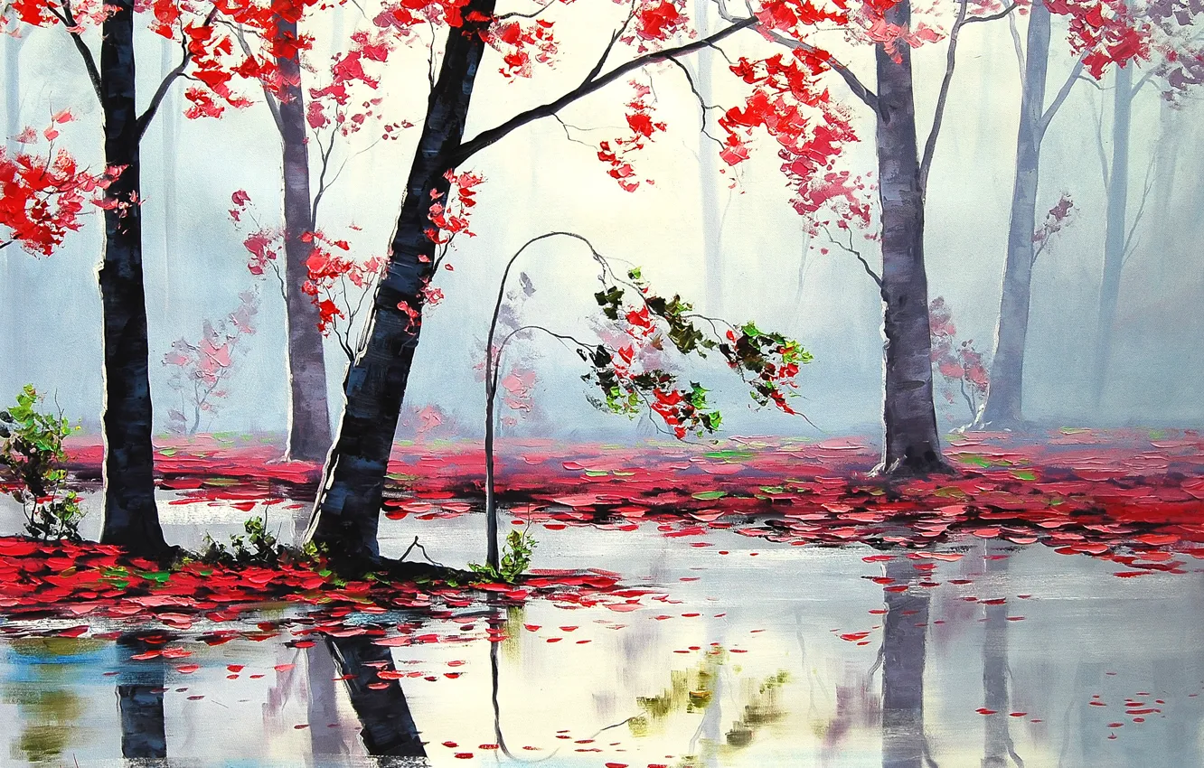 Photo wallpaper autumn, trees, red, river, art