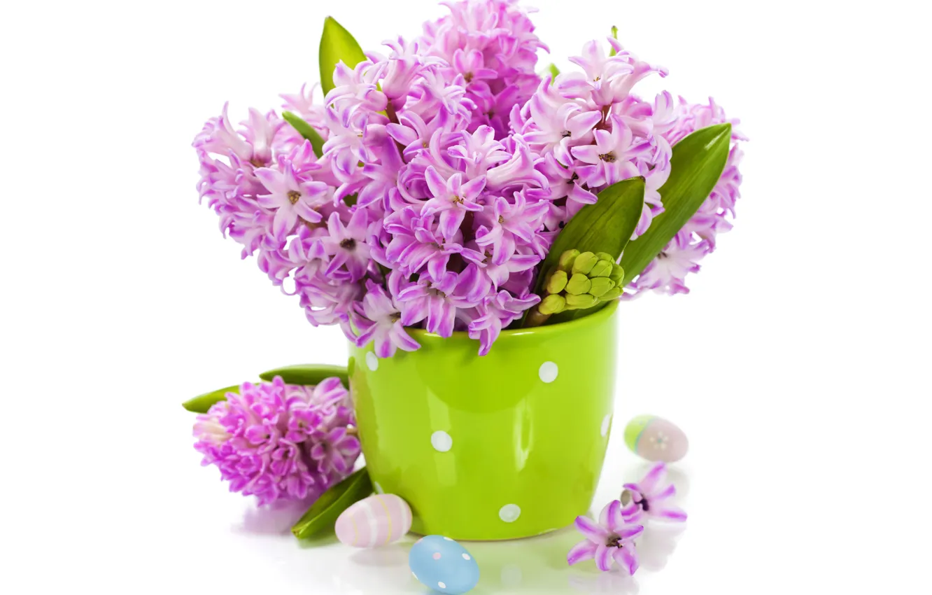 Photo wallpaper eggs, bouquet, flowers, spring, easter, hyacinths, lilac
