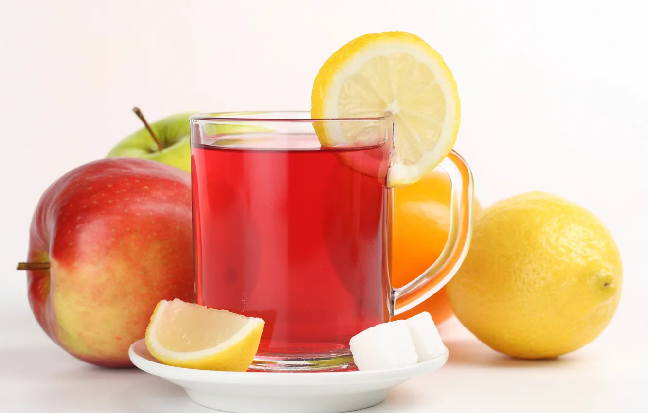 Photo wallpaper lemon, tea, Apple, Cup, sugar, fruit