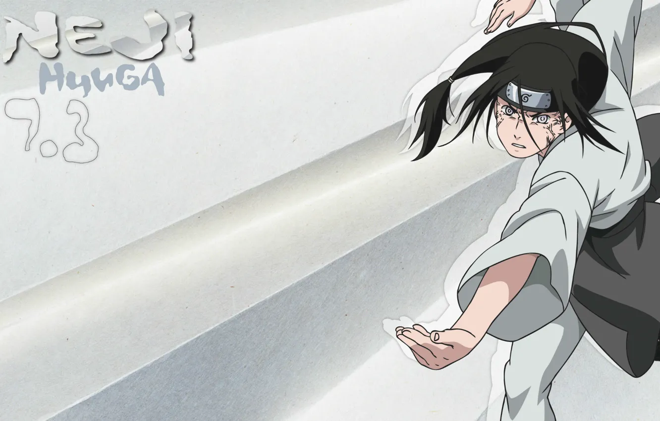 Photo wallpaper grey background, stand, ninja, chakra, Naruto Shippuden, byakugan, Naruto shippuuden, Neji Hyuuga, bandage on forehead