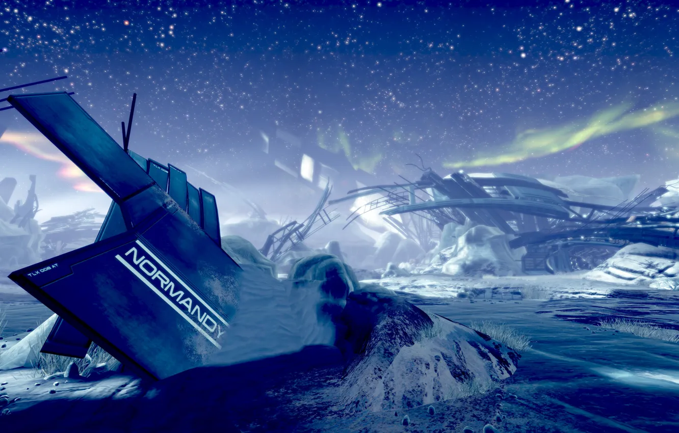 Photo wallpaper space, stars, snow, ship, planet, the crash, the skeleton, ruins, mass effect 2, Normandy, normandy