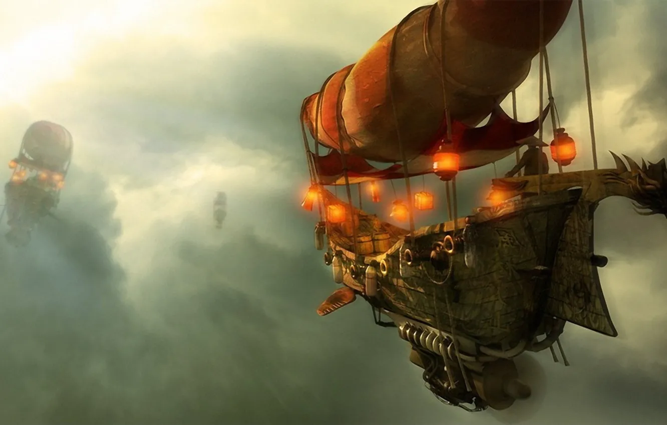 Photo wallpaper the sky, clouds, lights, the airship, dirigible