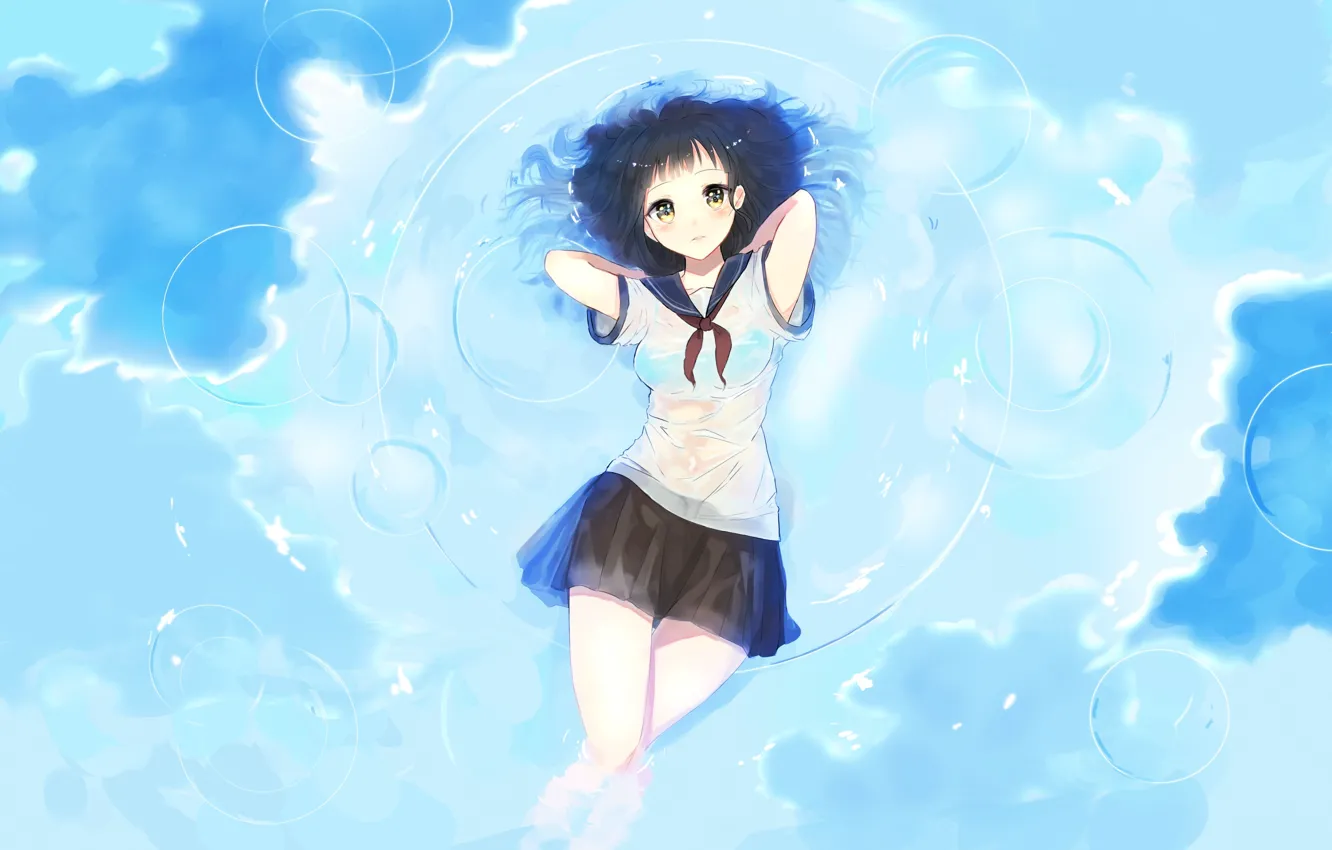 Photo wallpaper the sky, water, girl, clouds, bubbles, anime, art, form, schoolgirl, apple pie