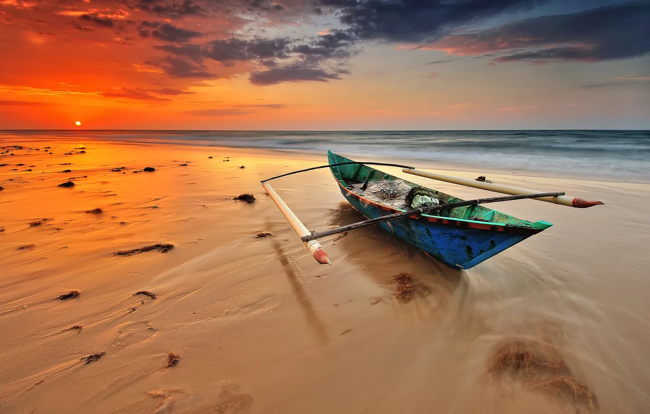 Photo wallpaper sea, beach, sunset, boat