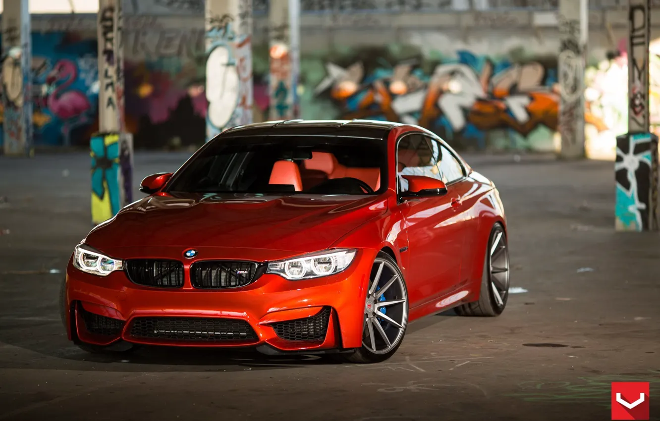 Photo wallpaper BMW, turbo, red, wheels, Coupe, power, germany, vossen, angel eyes, F82.tuning