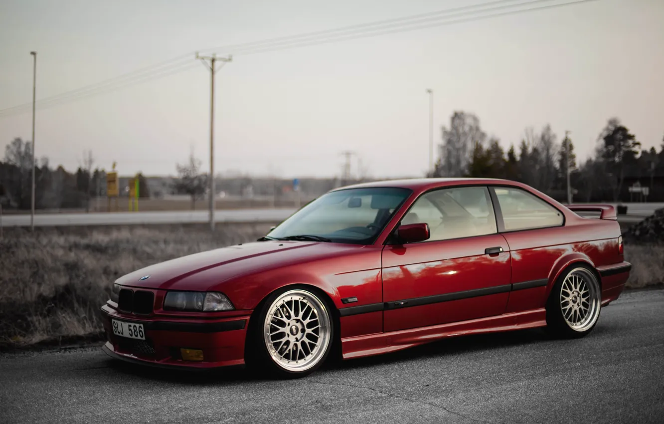 Photo wallpaper Road, Red, BMW, BMW, Red, oldschool, 3 series, E36, Stance