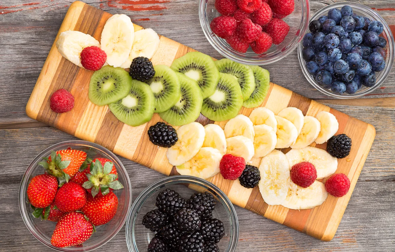 Photo wallpaper berries, raspberry, kiwi, blueberries, strawberry, fruit, banana, BlackBerry, banana, fruits, berries, kiwi, blueberries, strawberries, blackberries, …