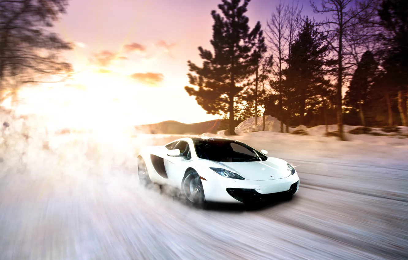 Photo wallpaper McLaren, Winter, Sunset, MP4-12C, Snow, White, exotic, Supercar, fast, sportscar