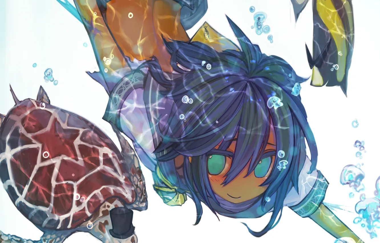 Photo wallpaper girl, fish, bubbles, turtle, anime, art, under water, hats, ukai saki