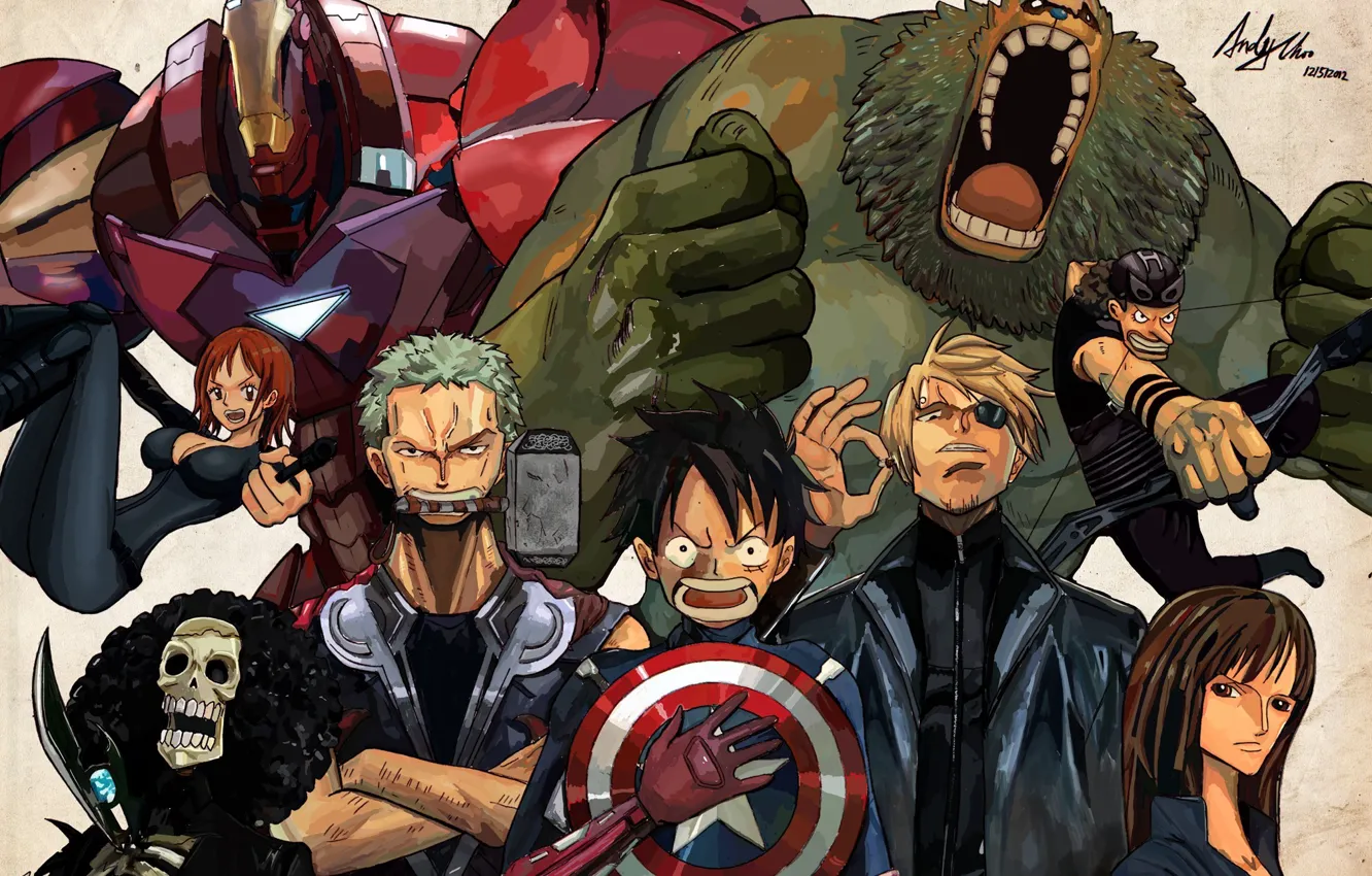 Photo wallpaper pirates, shield, iron man, one piece, Hulk, Thor, captain America, the Avengers, Loki, Luffy, straw …