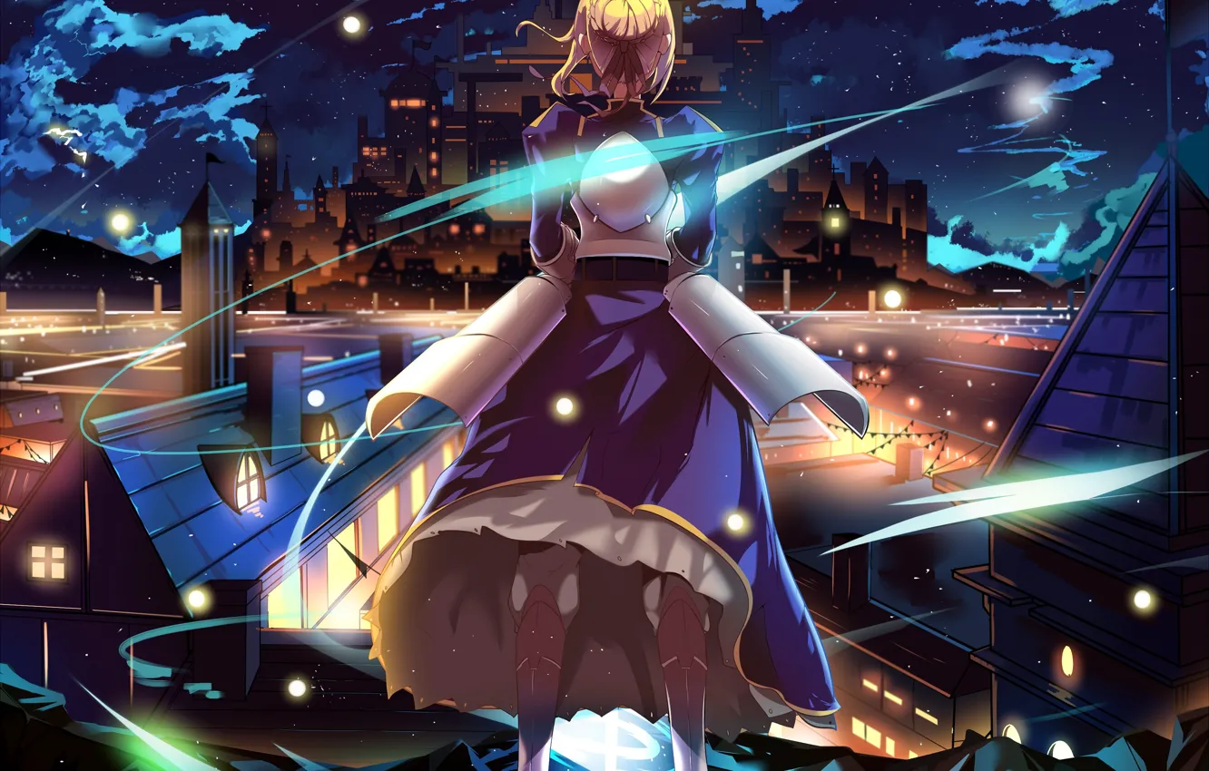 Photo wallpaper the sky, girl, stars, clouds, night, the city, the moon, home, anime, art, saber, fate/stay …