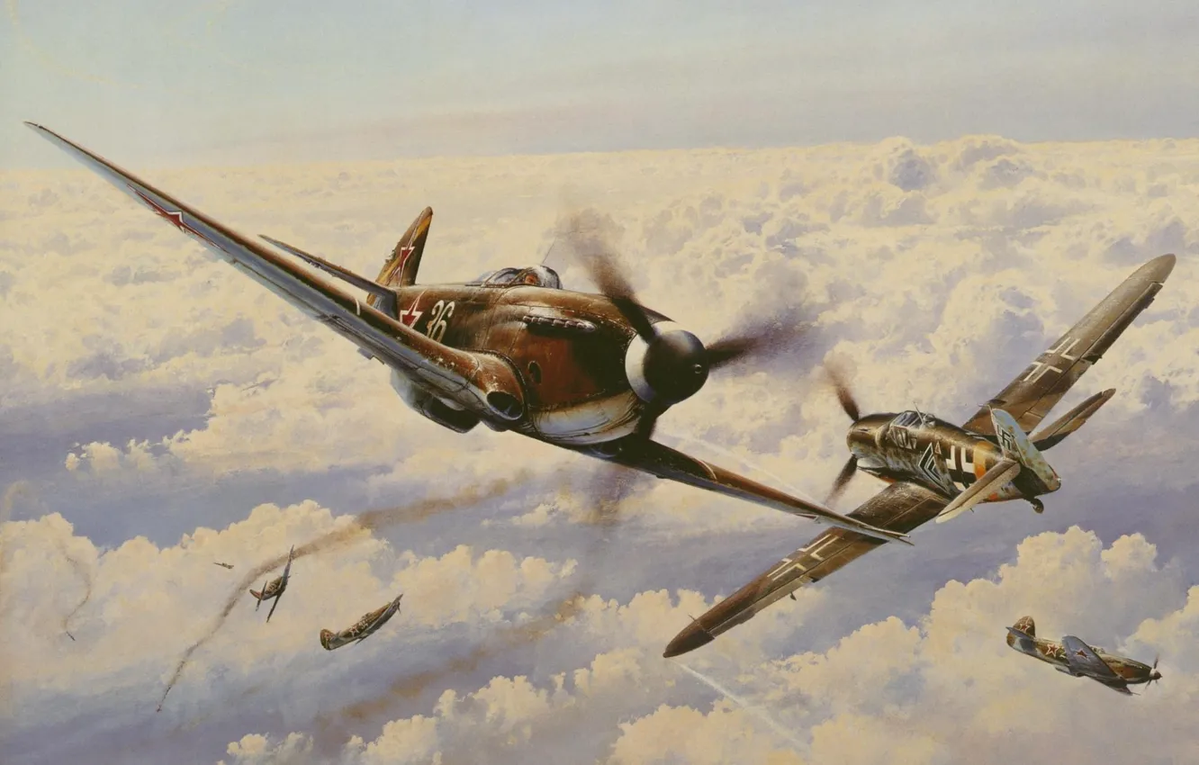 Photo wallpaper the sky, clouds, war, fighter, battle, turn, Art, Messerschmitt, German, Soviet, piston, single-engine, Bf.109, The …