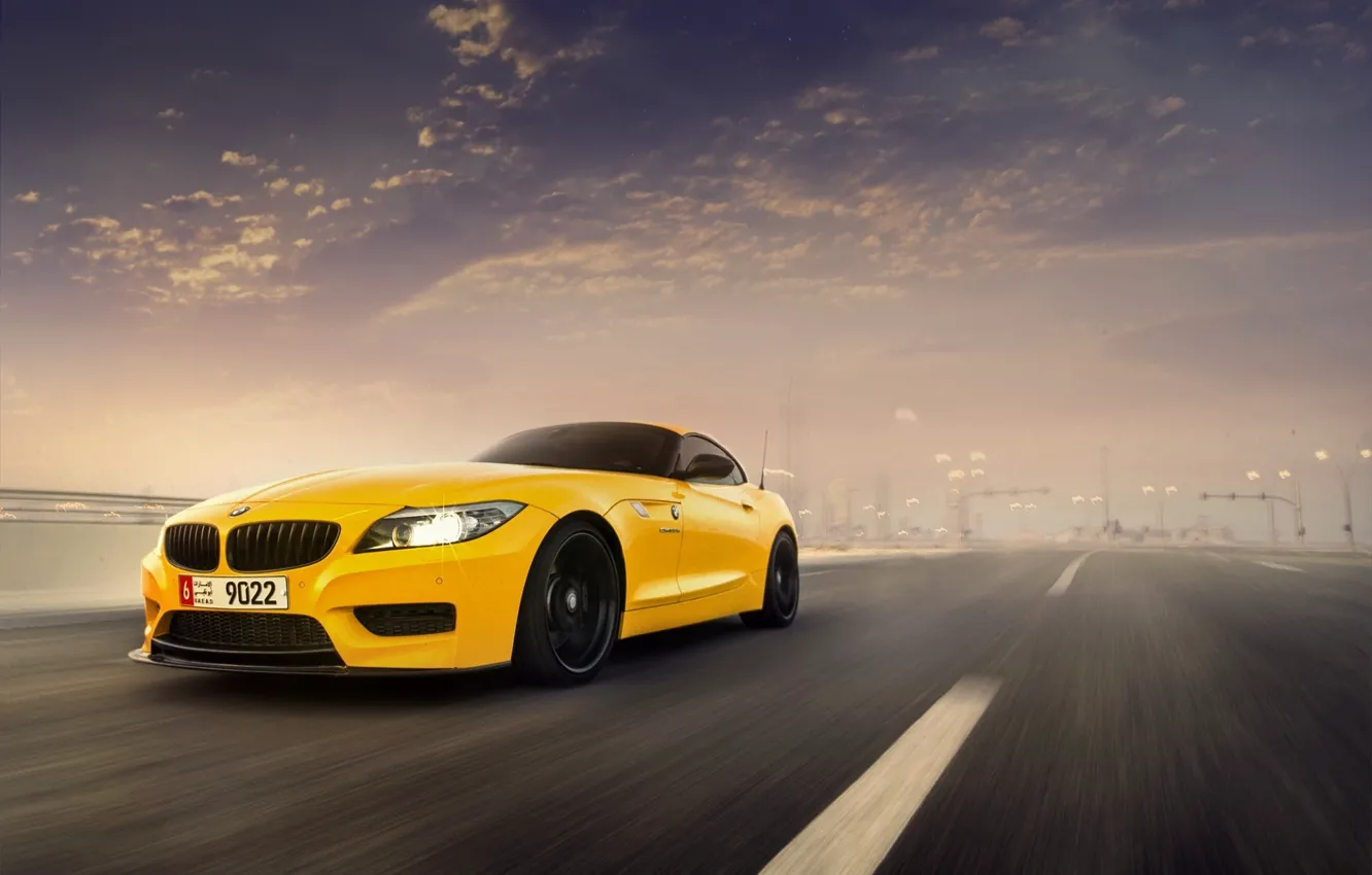 Photo wallpaper BMW, Car, Speed, Front, Sunset, Yellow, Abudhabi