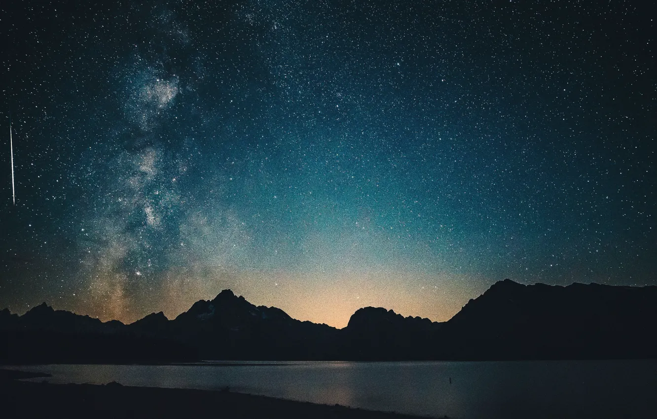 Photo wallpaper light, sky, night, mountains, lake, stars, hills, Milky Way, silhouette, meteor