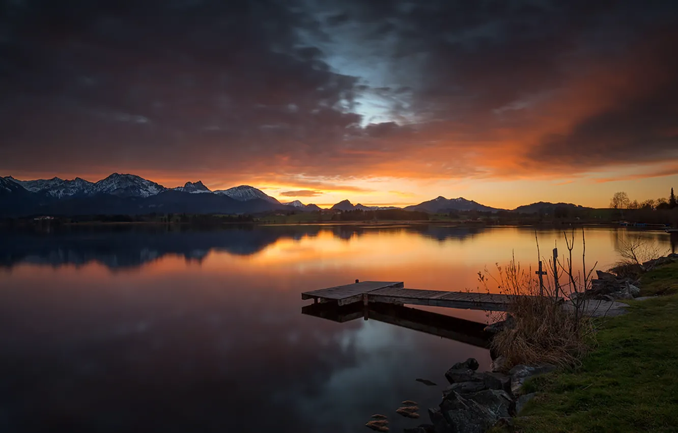 Photo wallpaper sunset, mountains, lake, reflection, Bayern