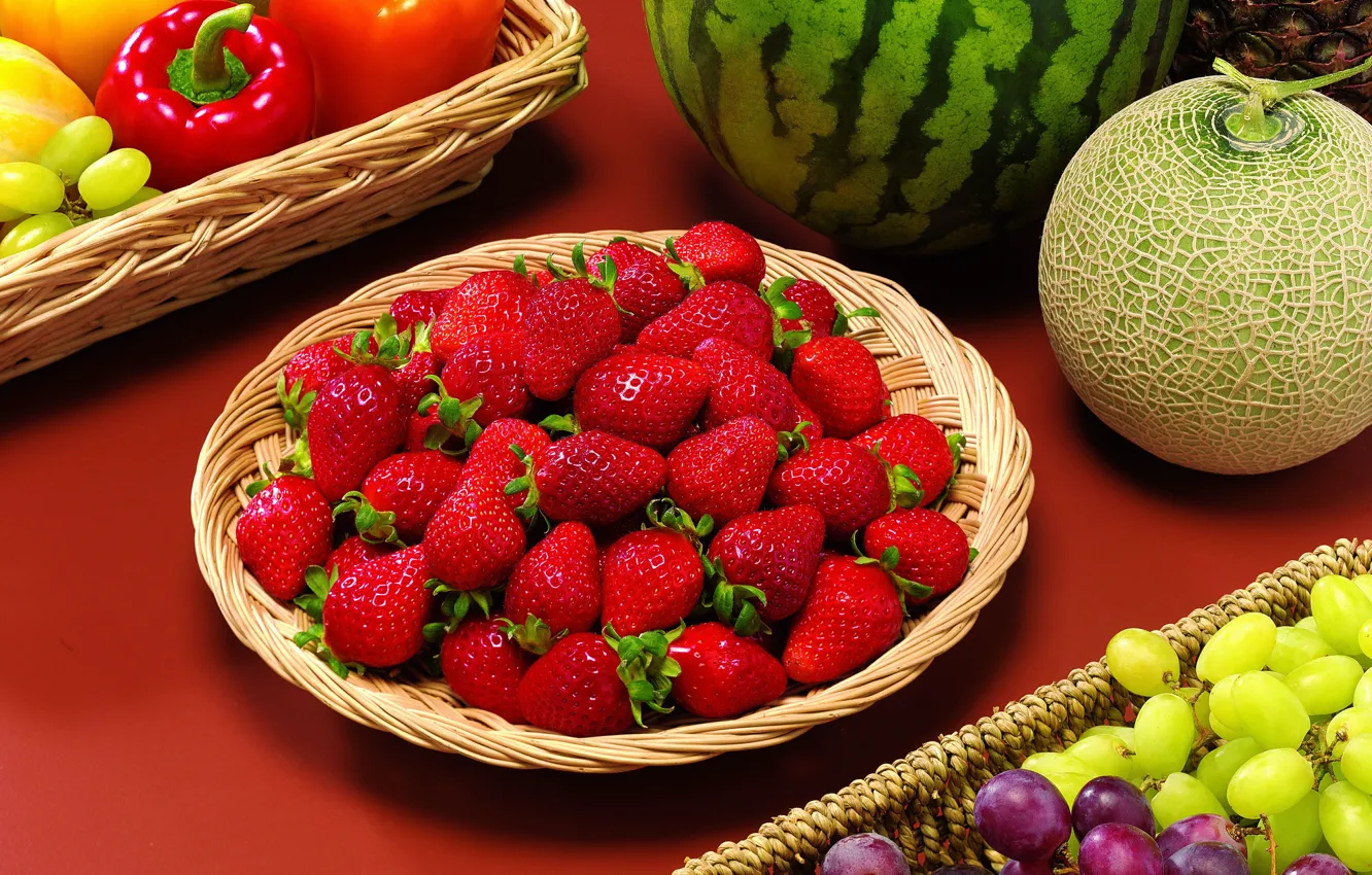 Photo wallpaper berries, watermelon, strawberry, grapes, fruit, still life, vegetables, melon, paprika