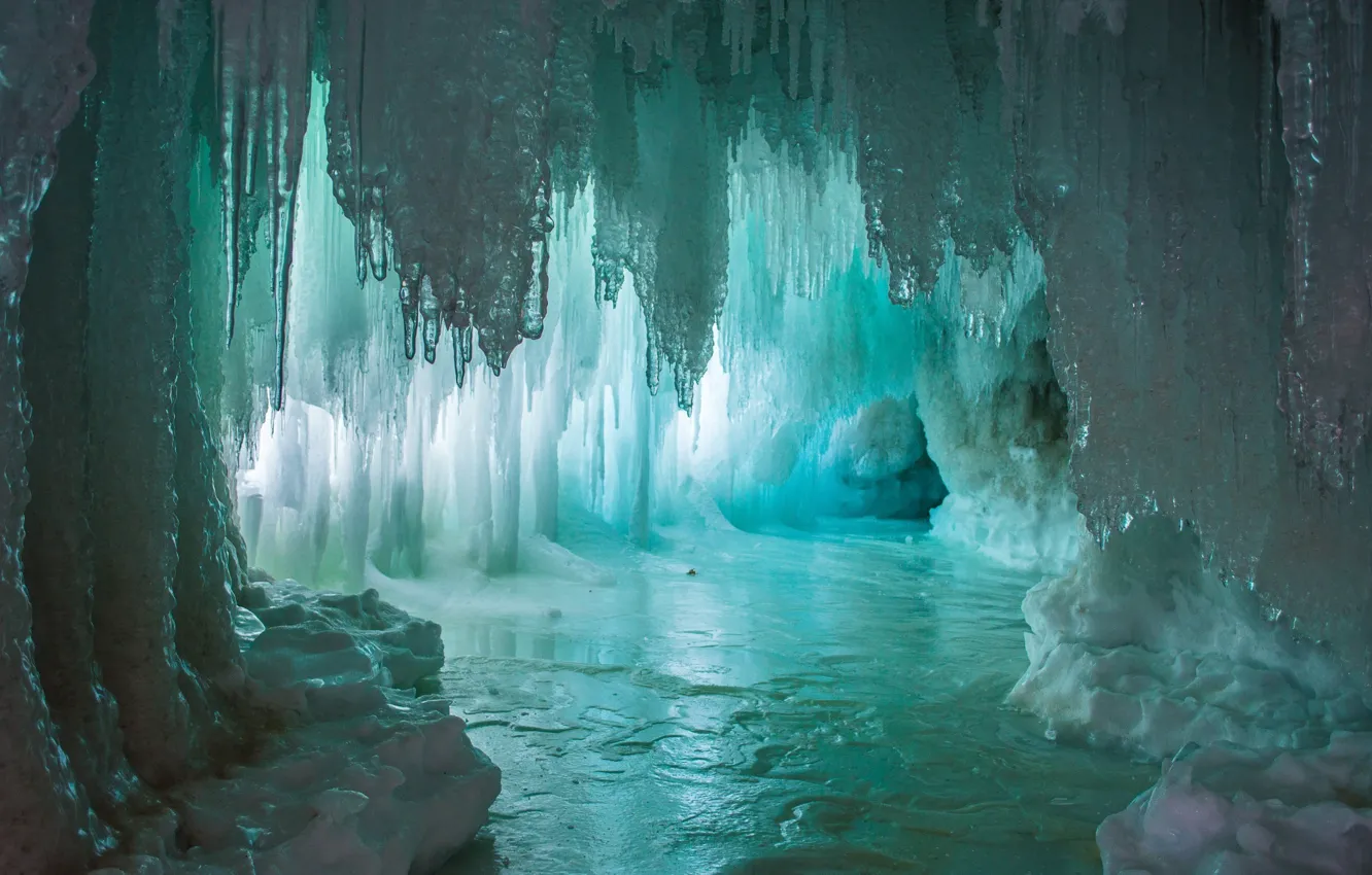Photo wallpaper water, lake, ice, light, cave, water, lake, the grotto, Ice, cave, stalagmites, stalactites, Emi, stalagmites, …
