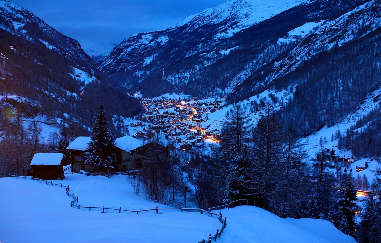 Photo wallpaper winter, light, snow, landscape, mountains, nature, hills, home, the evening, Switzerland, Alps, houses, Switzerland, Alpes, …